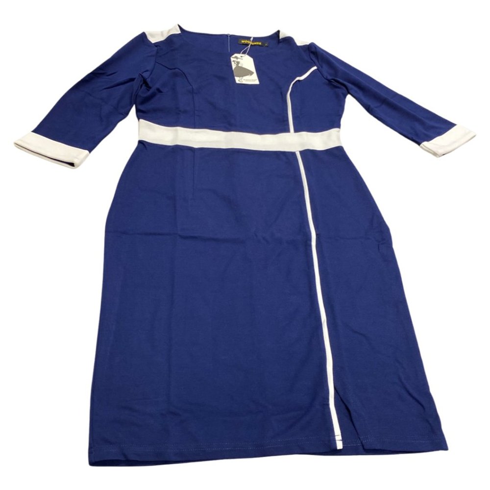 WOOSUNZE Women's Colorblock Slim Bodycon Business Pencil Dress- Large, Navy Blue